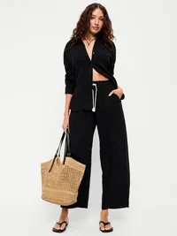 Open-Back Crinkle Gauze Button-Down Shirt - Black Jack — view 3