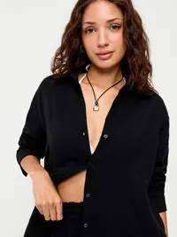 Open-Back Crinkle Gauze Button-Down Shirt - Black Jack — view 4