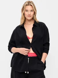 Open-Back Crinkle Gauze Button-Down Shirt - Black Jack — view 5