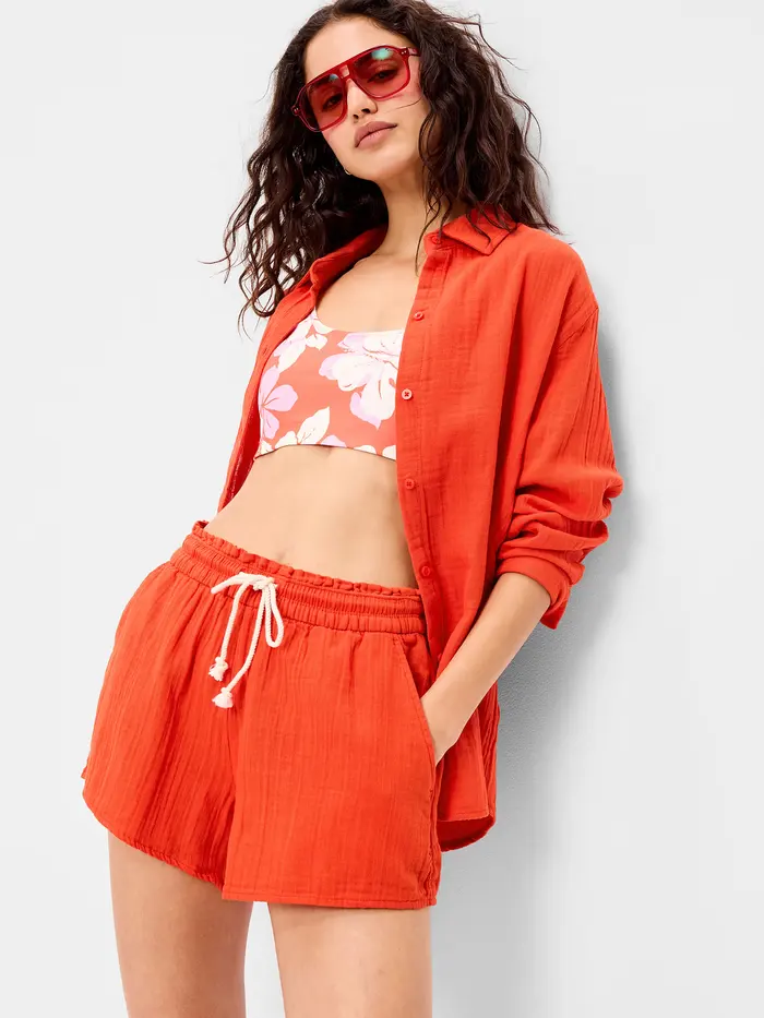 Open-Back Crinkle Gauze Button-Down Shirt - Ornament Orange