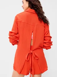 Open-Back Crinkle Gauze Button-Down Shirt - Ornament Orange — view 4