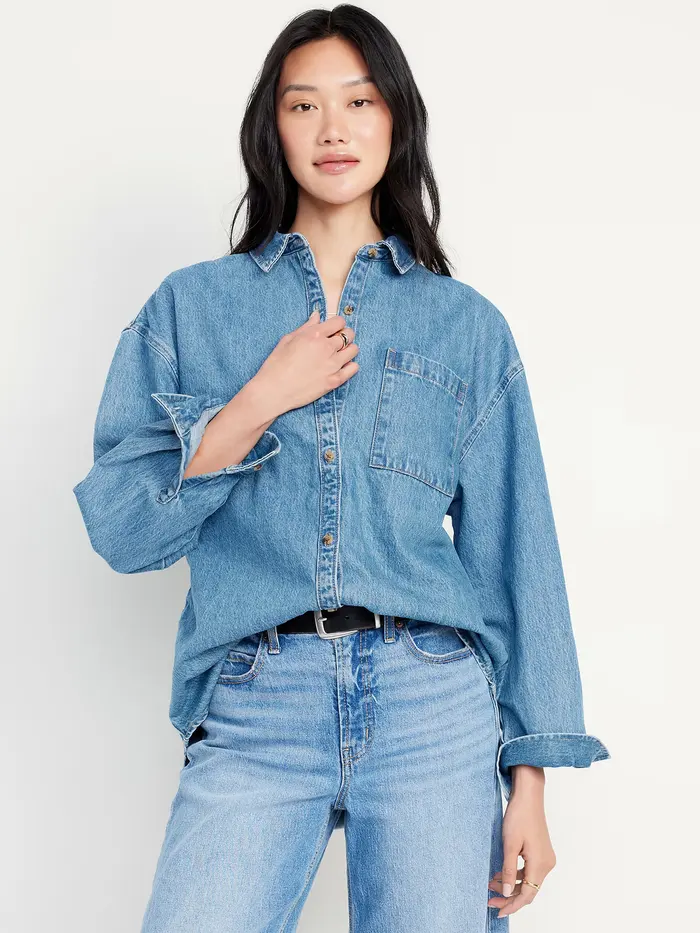 Oversized Boyfriend Button-Down Jean Shirt - Light Wash