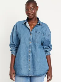 Oversized Boyfriend Button-Down Jean Shirt - Light Wash — view 5