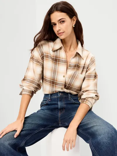 Oversized Button-Down Boyfriend Flannel Shirt - Neutral Plaid