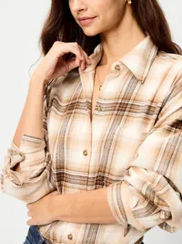 Oversized Button-Down Boyfriend Flannel Shirt - Neutral Plaid — view 4