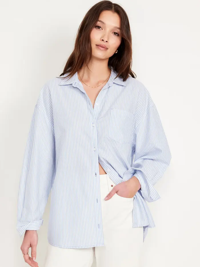 Oversized Button-Down Boyfriend Shirt - Blue Stripe