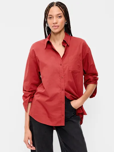 Oversized Button-Down Boyfriend Shirt - Goji Berry