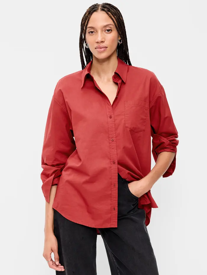 Oversized Button-Down Boyfriend Shirt - Goji Berry