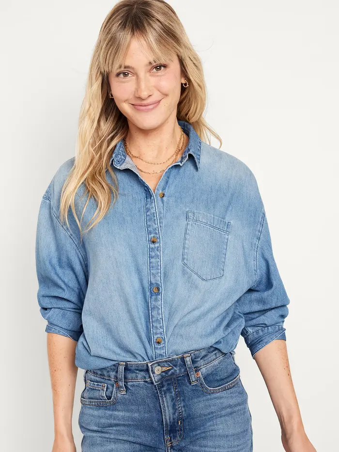Oversized Button-Down Boyfriend Shirt - Medium Wash