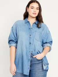 Oversized Button-Down Boyfriend Shirt - Medium Wash — view 5