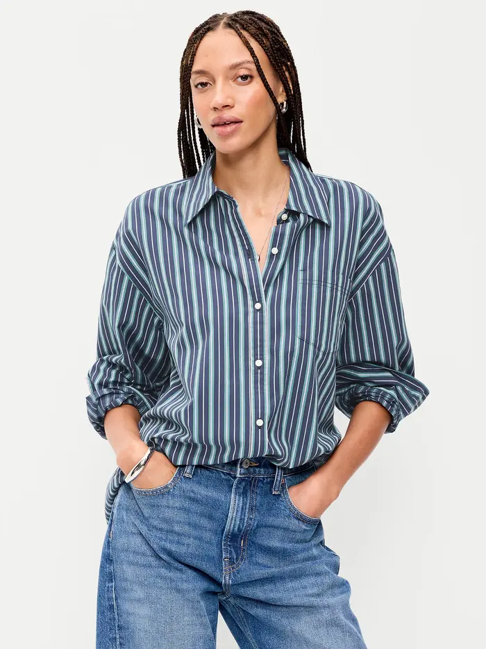 Oversized Button-Down Boyfriend Shirt - Navy Stripe