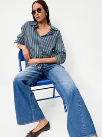 Oversized Button-Down Boyfriend Shirt - Navy Stripe — view 3