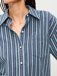 Oversized Button-Down Boyfriend Shirt - Navy Stripe — view 4