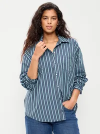 Oversized Button-Down Boyfriend Shirt - Navy Stripe — view 5