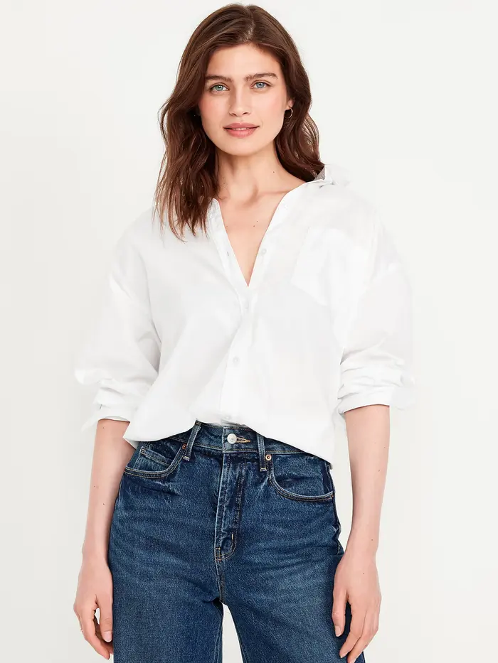 Oversized Button-Down Boyfriend Shirt - Poplin White