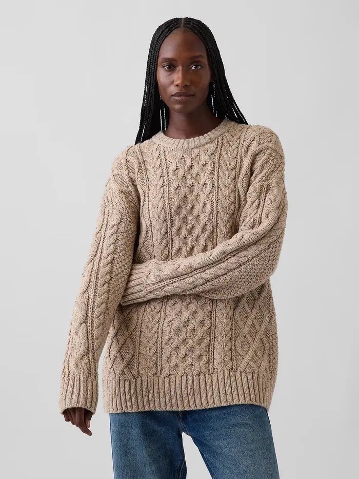 Oversized Cable-Knit Sweater - Cobblestone beige