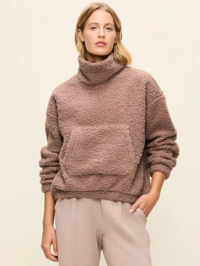 Oversized Funnel-Neck Sherpa Pullover - Mocha