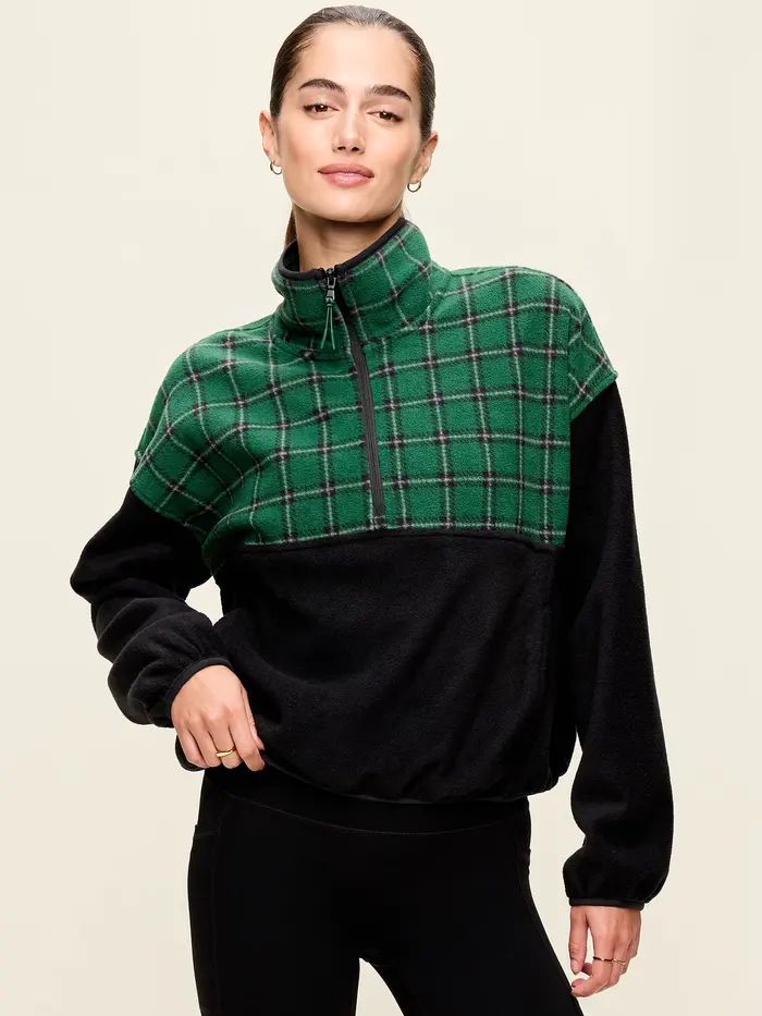 Oversized Half-Zip Performance Fleece Pullover - Medium Green Plaid