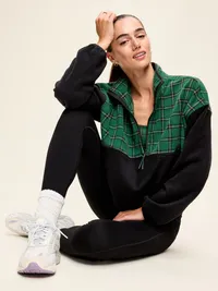 Oversized Half-Zip Performance Fleece Pullover - Medium Green Plaid — view 3