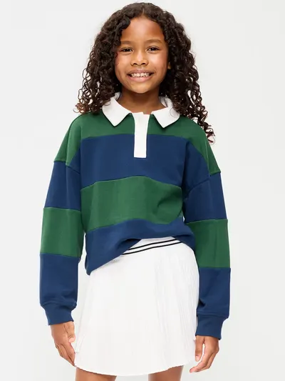 Oversized Long-Sleeve Collared Fleece Sweatshirt for Girls - Field of Greens