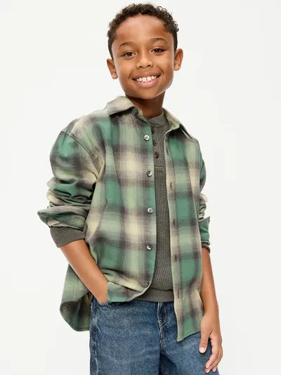 Oversized Long-Sleeve Flannel Shirt for Boys - Medium Green Plaid