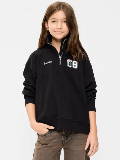 Oversized Quarter-Zip Graphic Sweatshirt for Girls - Black Jack