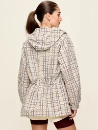 Oversized Rounded-Sleeve Anorak - Cream Plaid — view 2