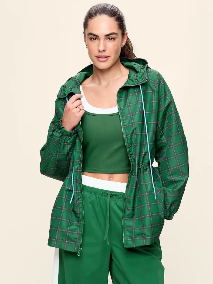 Oversized Rounded-Sleeve Anorak - Medium Green Plaid