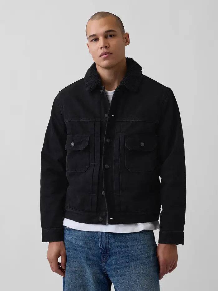 Oversized Sherpa-Lined Denim Jacket - BLACK