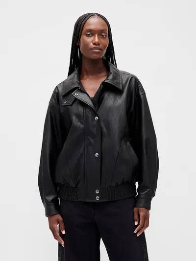 Oversized Vegan Leather Jacket - True black