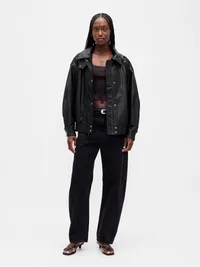 Oversized Vegan Leather Jacket - True black — view 2