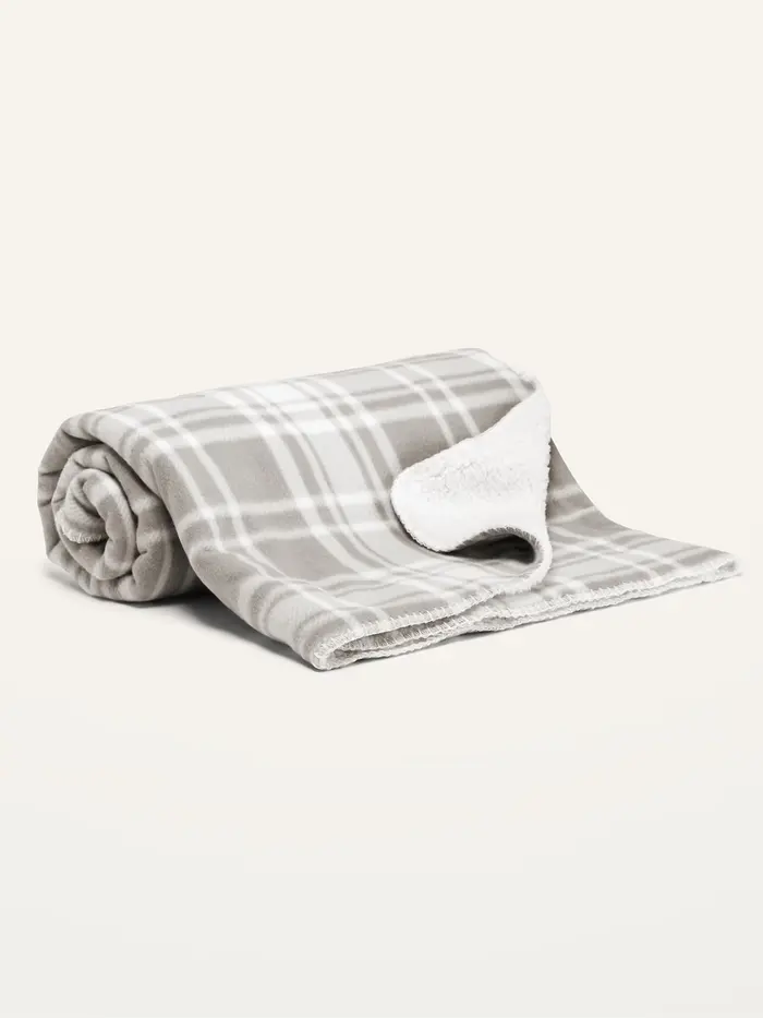 Patterned Micro Performance Fleece Sherpa-Lined Blanket - Gray Plaid