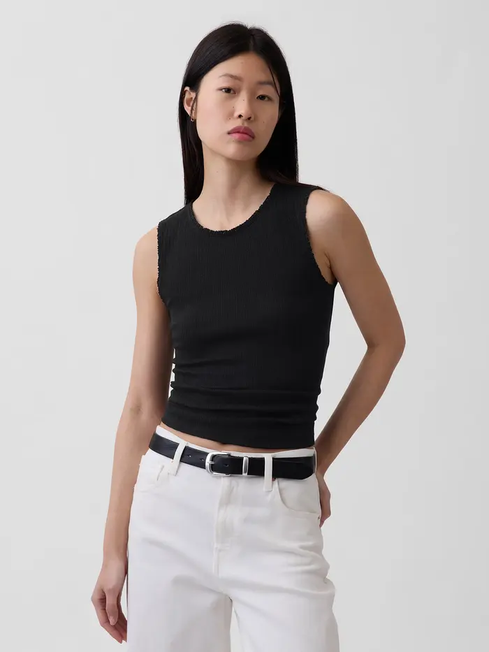 Pointelle Shell Tank Top - Black