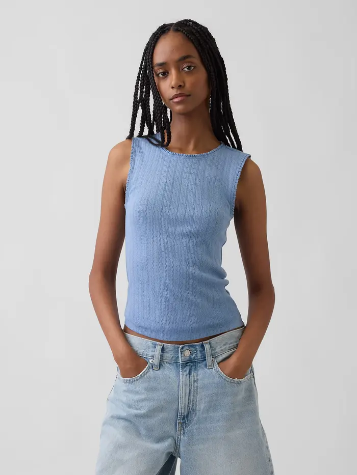 Pointelle Shell Tank Top - Light blue