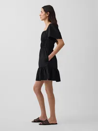 Poplin Flutter-Sleeve Mini Dress - True black — view 3