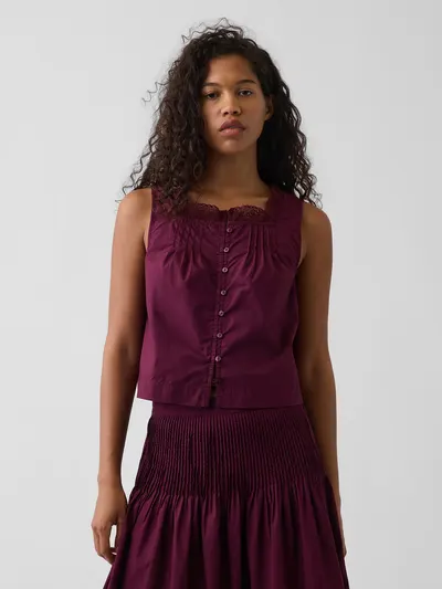 Poplin Pintuck Shell Top - Tuscan red