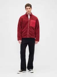 Recycled Sherpa Oversized Logo Zip Jacket - Red — view 2