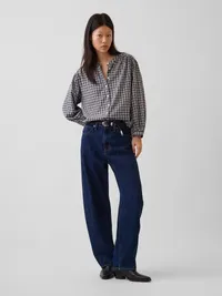 Relaxed Button-Front Shirt - Navy blue plaid — view 2