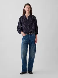 Relaxed Button-Front Shirt - Navy blue print — view 2