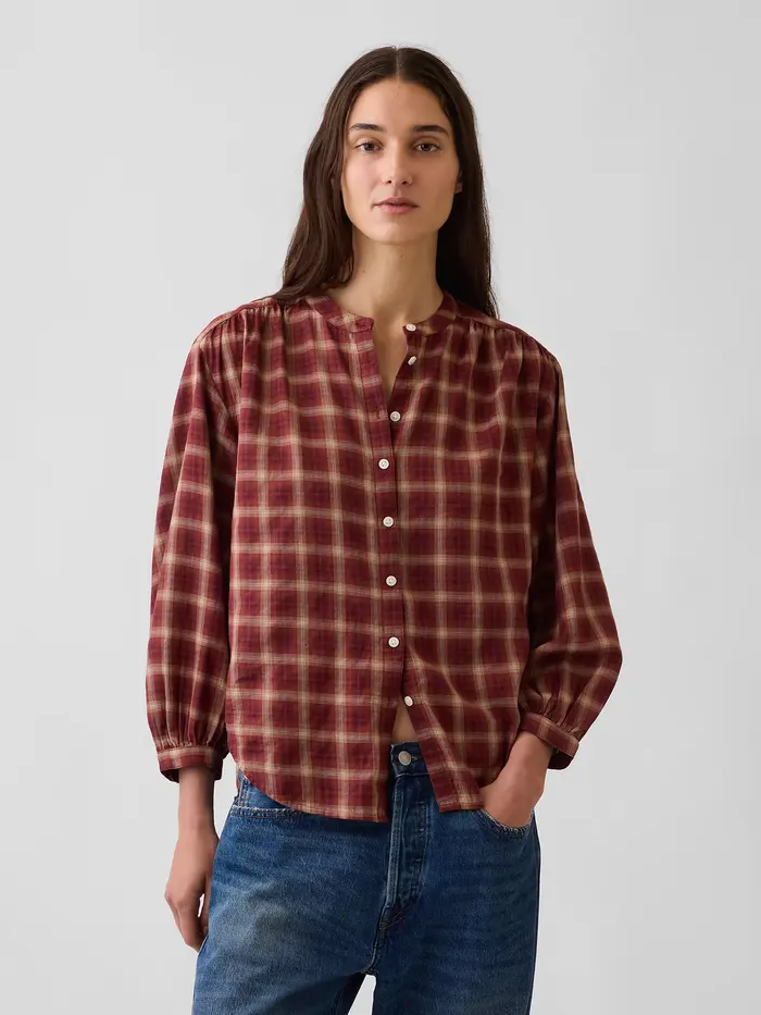 Relaxed Button-Front Shirt - Red & brown plaid