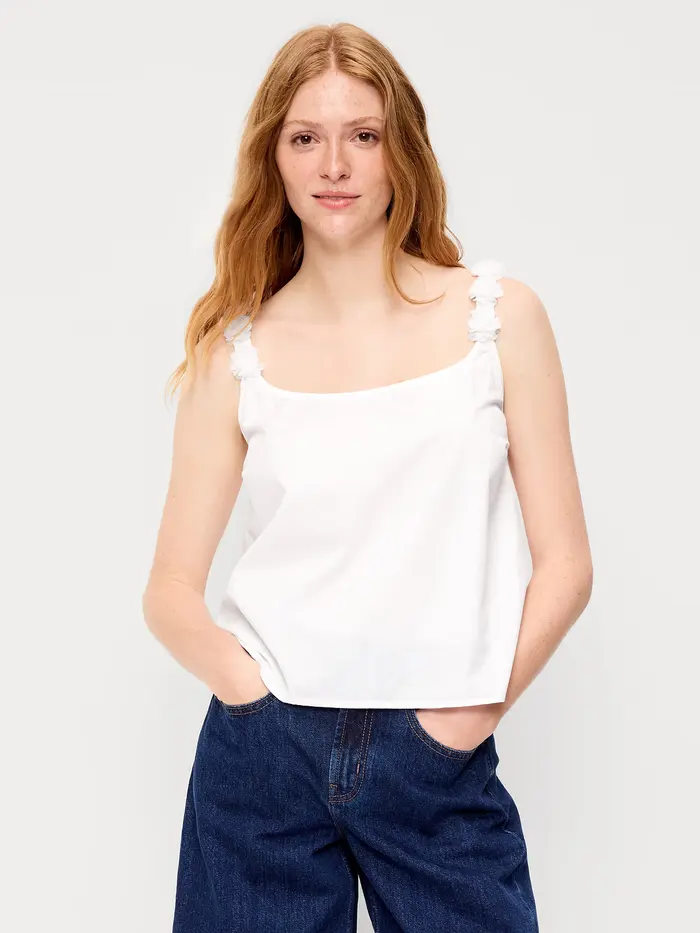 Rosette-Strap Tank Top - White Lilies