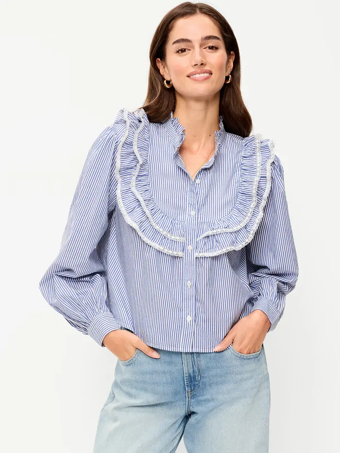 Ruffle Bib Button-Down Shirt - Blue