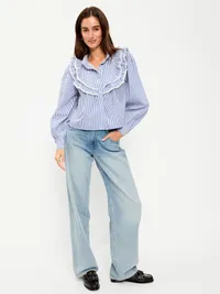 Ruffle Bib Button-Down Shirt - Blue — view 3