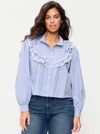Ruffle Bib Button-Down Shirt - Blue — view 5