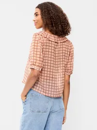 Ruffle Collar Tie-Front Chiffon Top - Pink Plaid — view 2