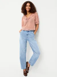 Ruffle Collar Tie-Front Chiffon Top - Pink Plaid — view 3