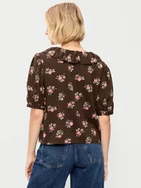 Ruffle Collar Tie-Front Top - Brown Floral — view 2