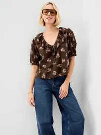 Ruffle Collar Tie-Front Top - Brown Floral — view 3