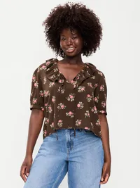 Ruffle Collar Tie-Front Top - Brown Floral — view 5