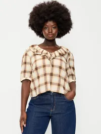 Ruffle Collar Tie-Front Top - Brown Plaid — view 5